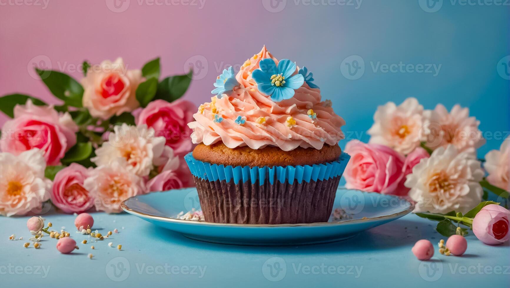 AI generated Beautiful cupcake with cream and flowers photo