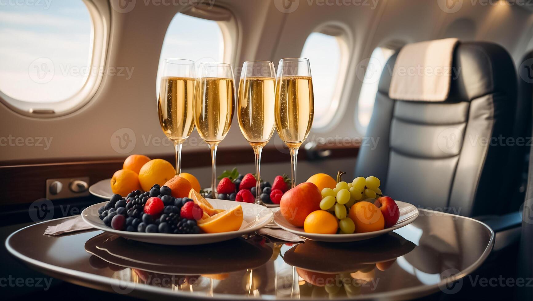 AI generated Glass of champagne, fruit on the table on the plane photo