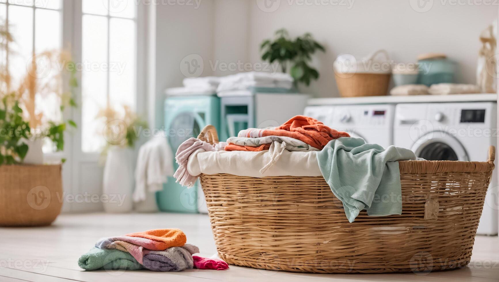 AI generated Basket with colored laundry for washing in laundry room photo
