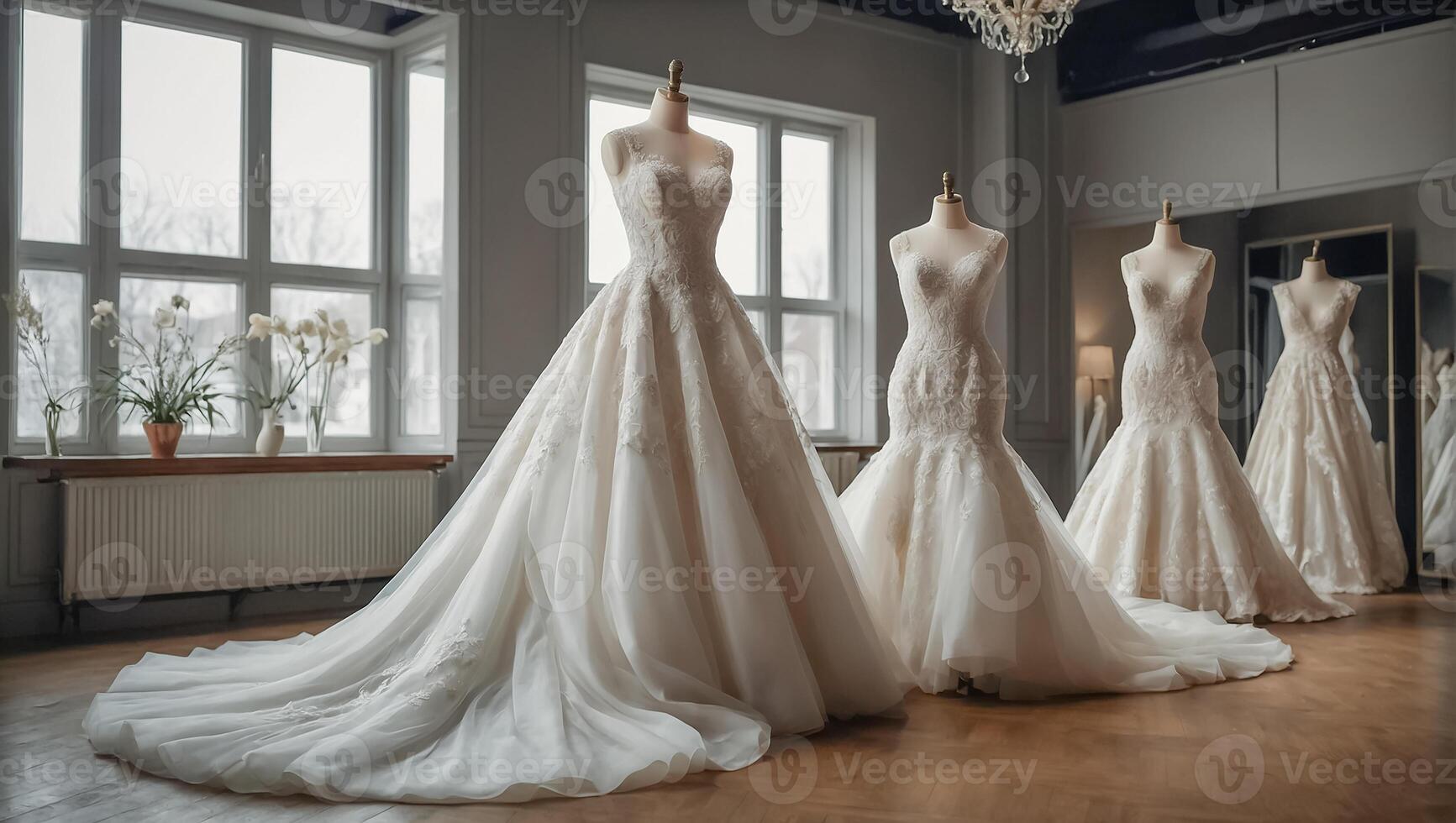 AI generated Beautiful wedding dresses in the salon photo