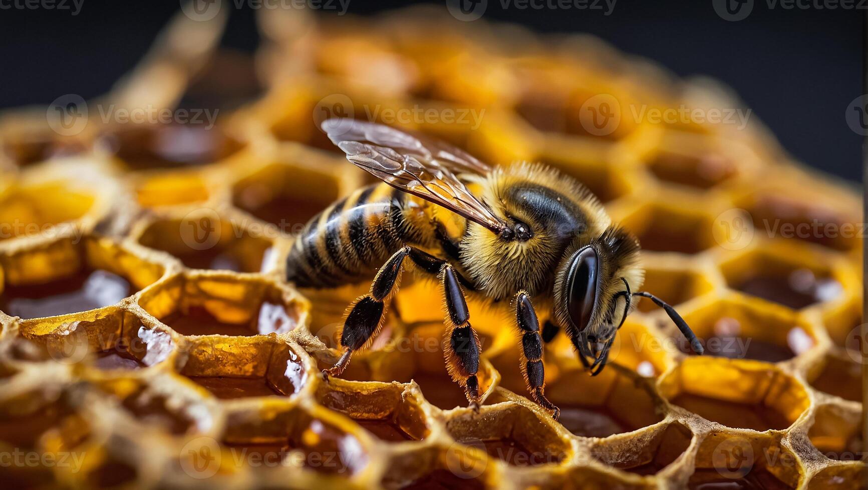 AI generated bee close up on honeycomb photo