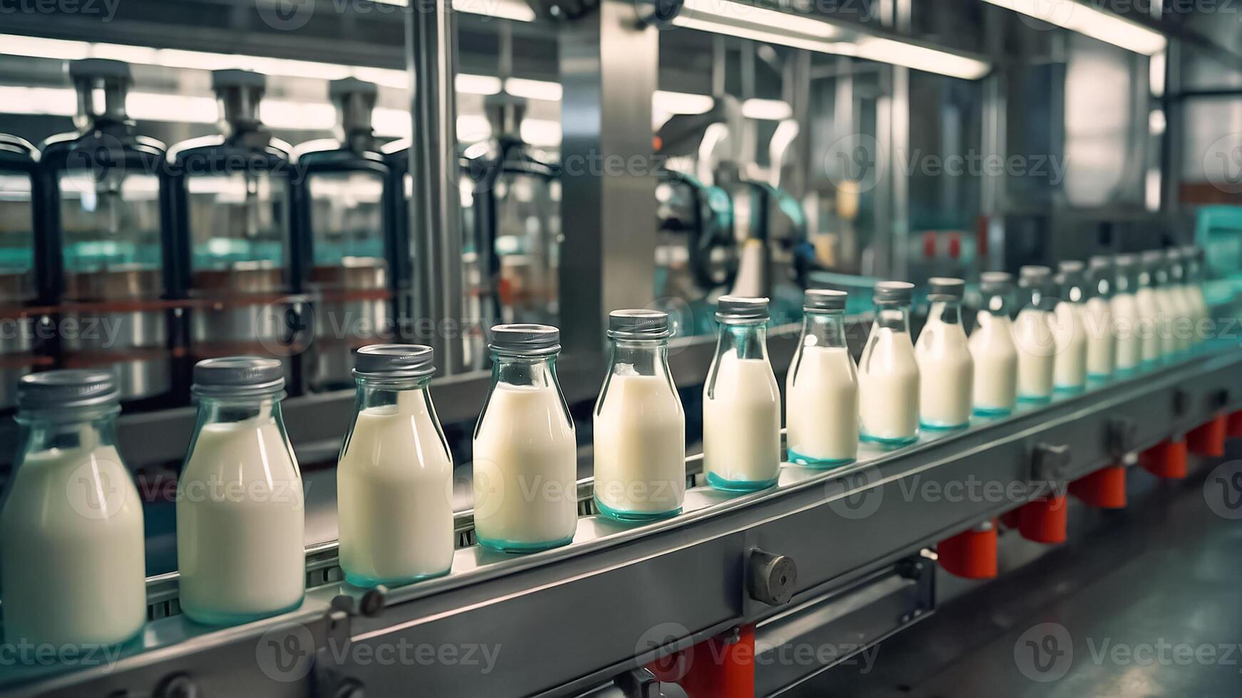 AI generated Conveyor with milk bottles photo