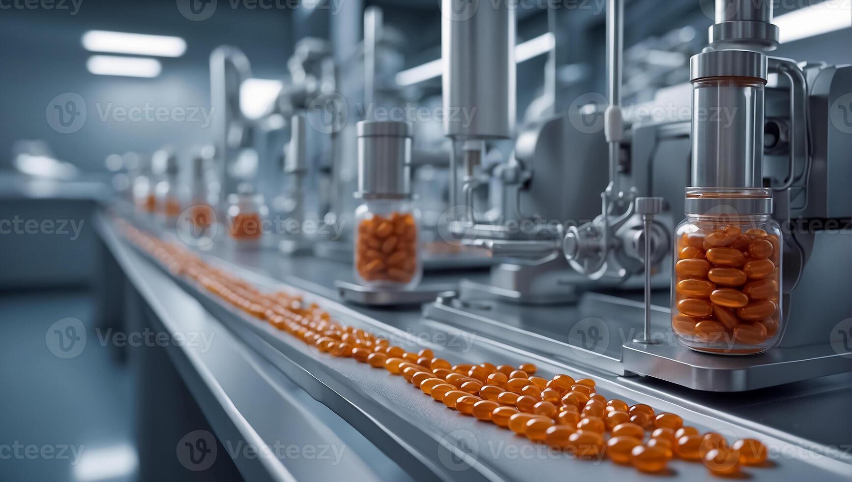 AI generated production line, various medicinal tablets and capsules photo