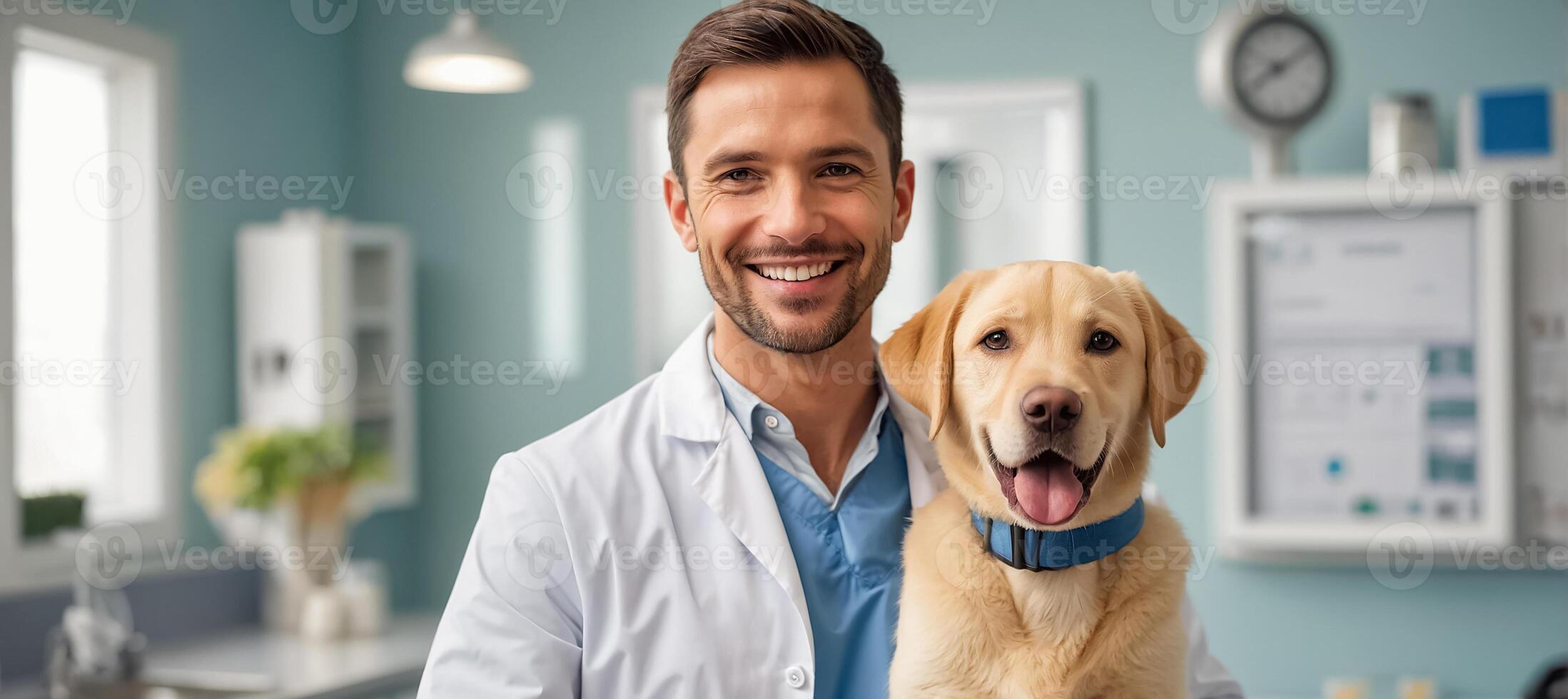 AI generated Male veterinarian doctor and cute dog in the clinic photo