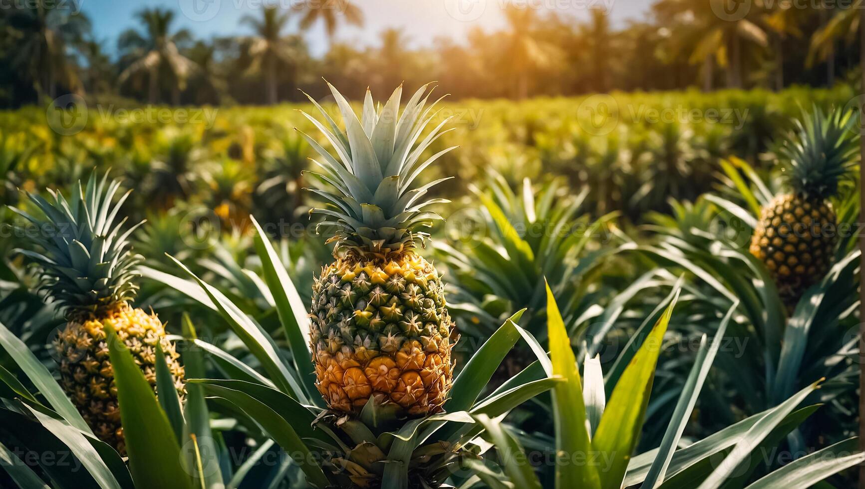 AI generated Harvest of fresh pineapples growing in the garden photo