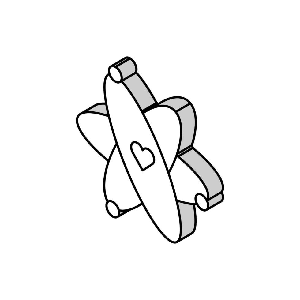átomo con corazón núcleo isométrica icono vector ilustración