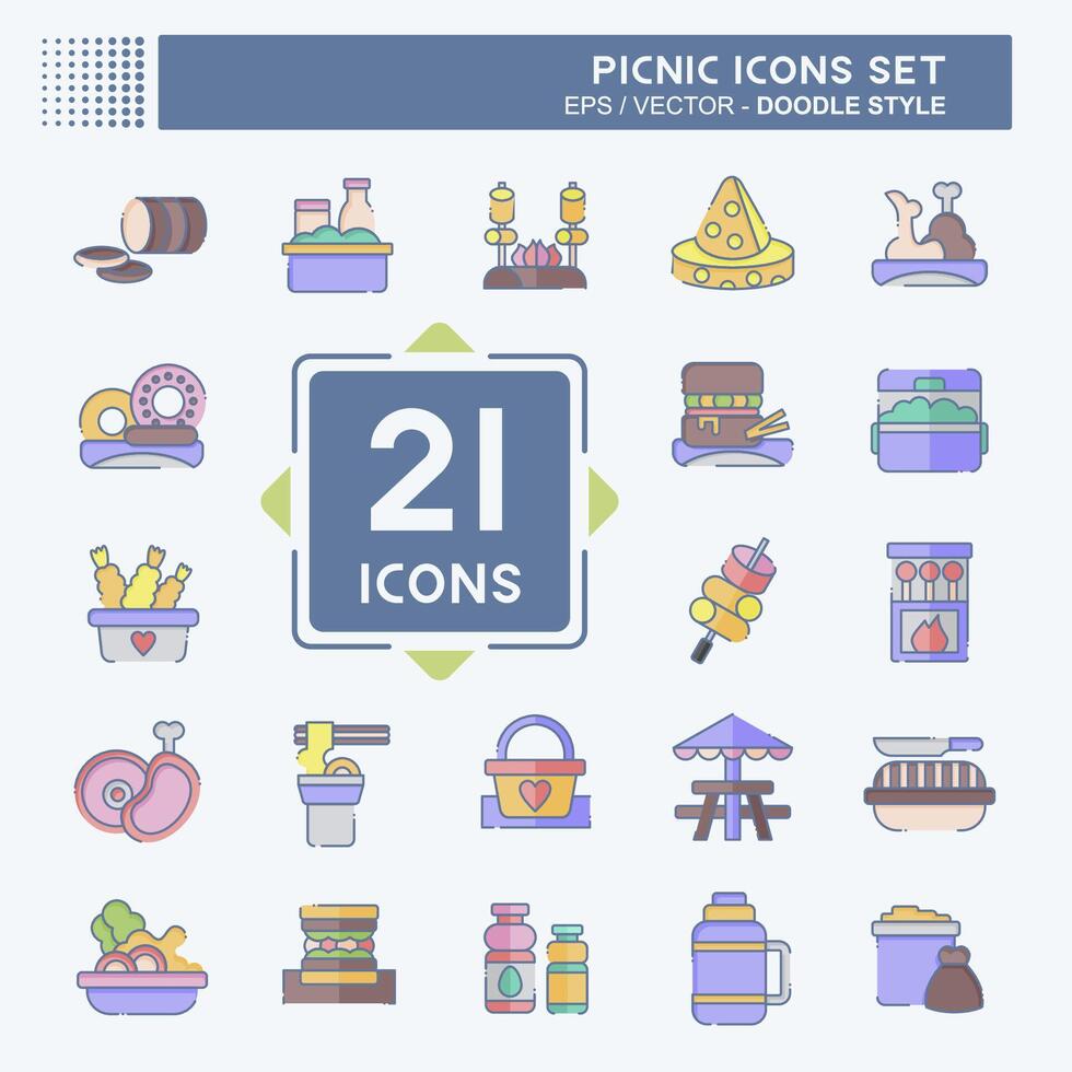 icono conjunto picnic. relacionado a fiesta símbolo. garabatear estilo. sencillo diseño editable. sencillo ilustración vector