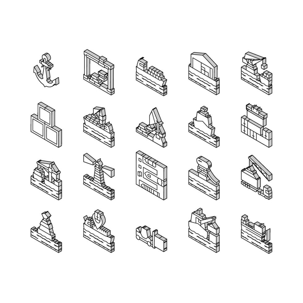 Container Port Tool Collection isometric icons set vector