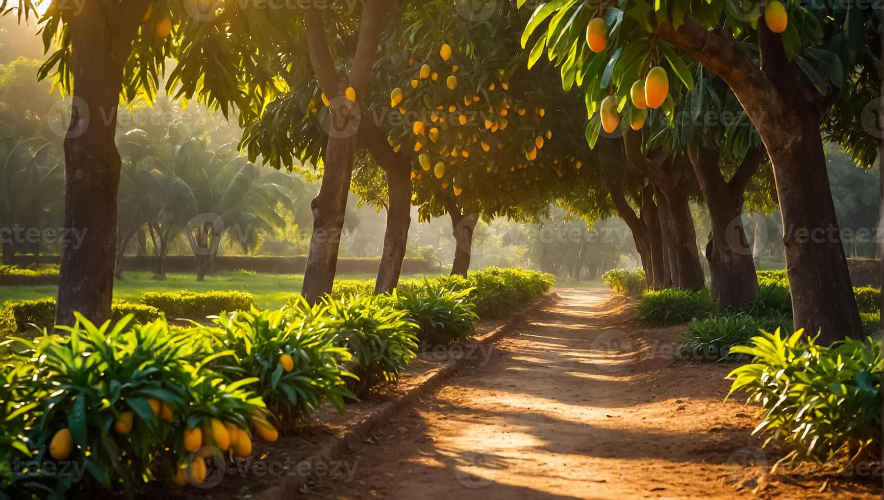 hermosa callejón con mango arboles en el jardín foto