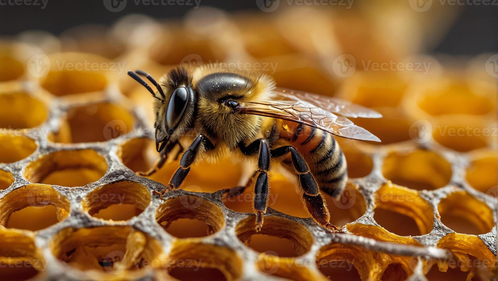 AI generated bee close up on honeycomb photo