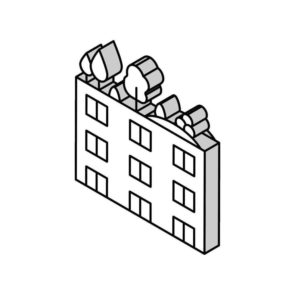 arboles y arbustos en edificio techo isométrica icono vector ilustración