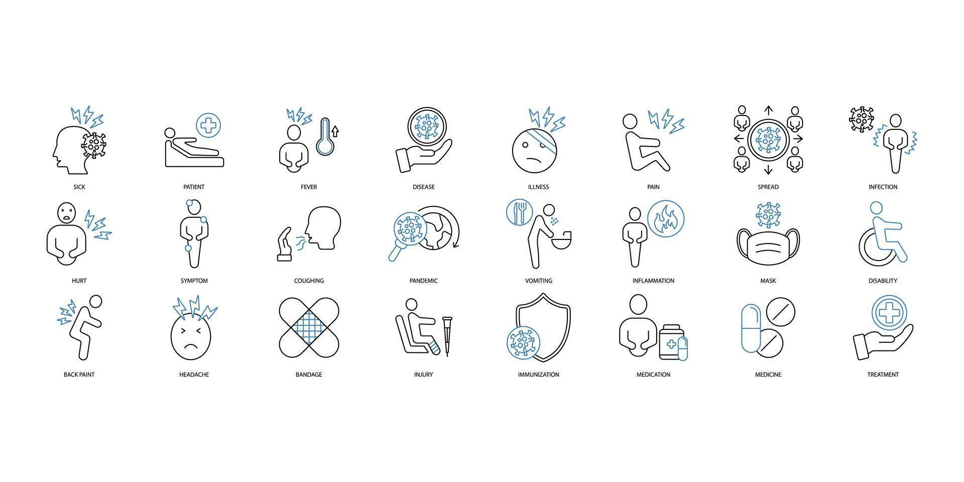 Sickness icons set. Set of editable stroke icons.Vector set of Sickness vector