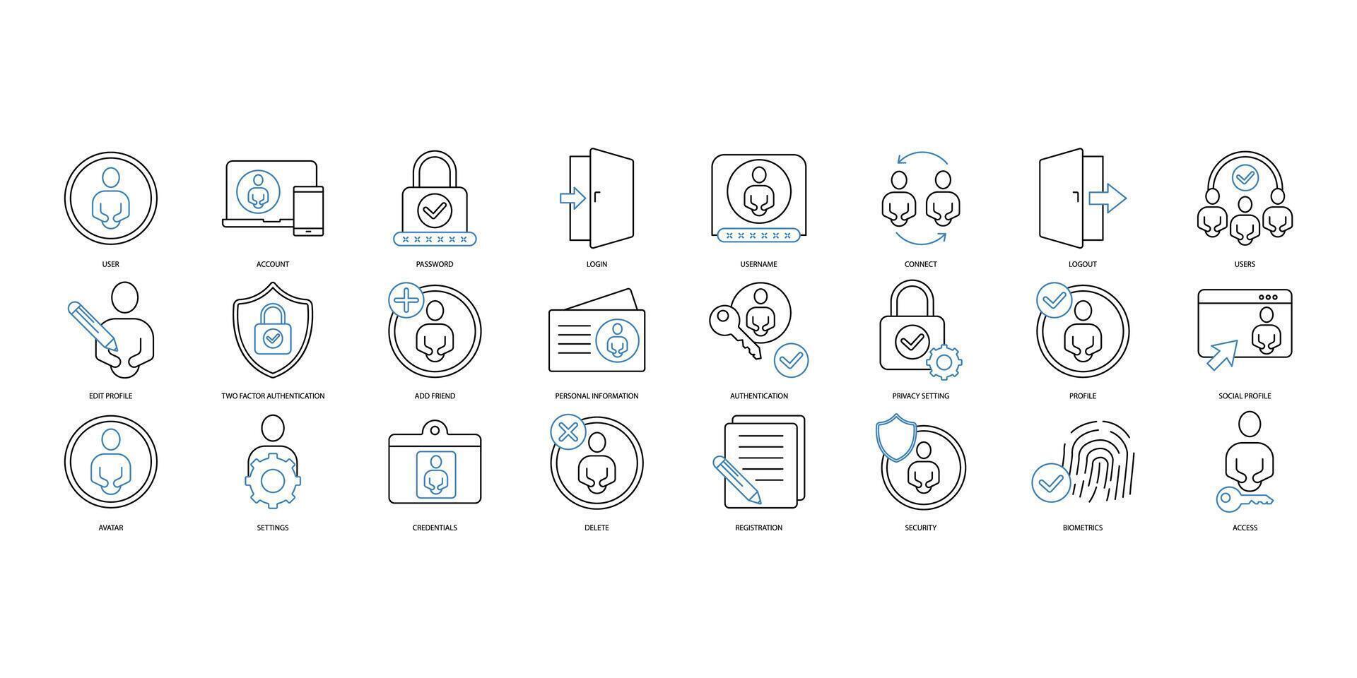 User account icons set. Set of editable stroke icons.Vector set of User account vector