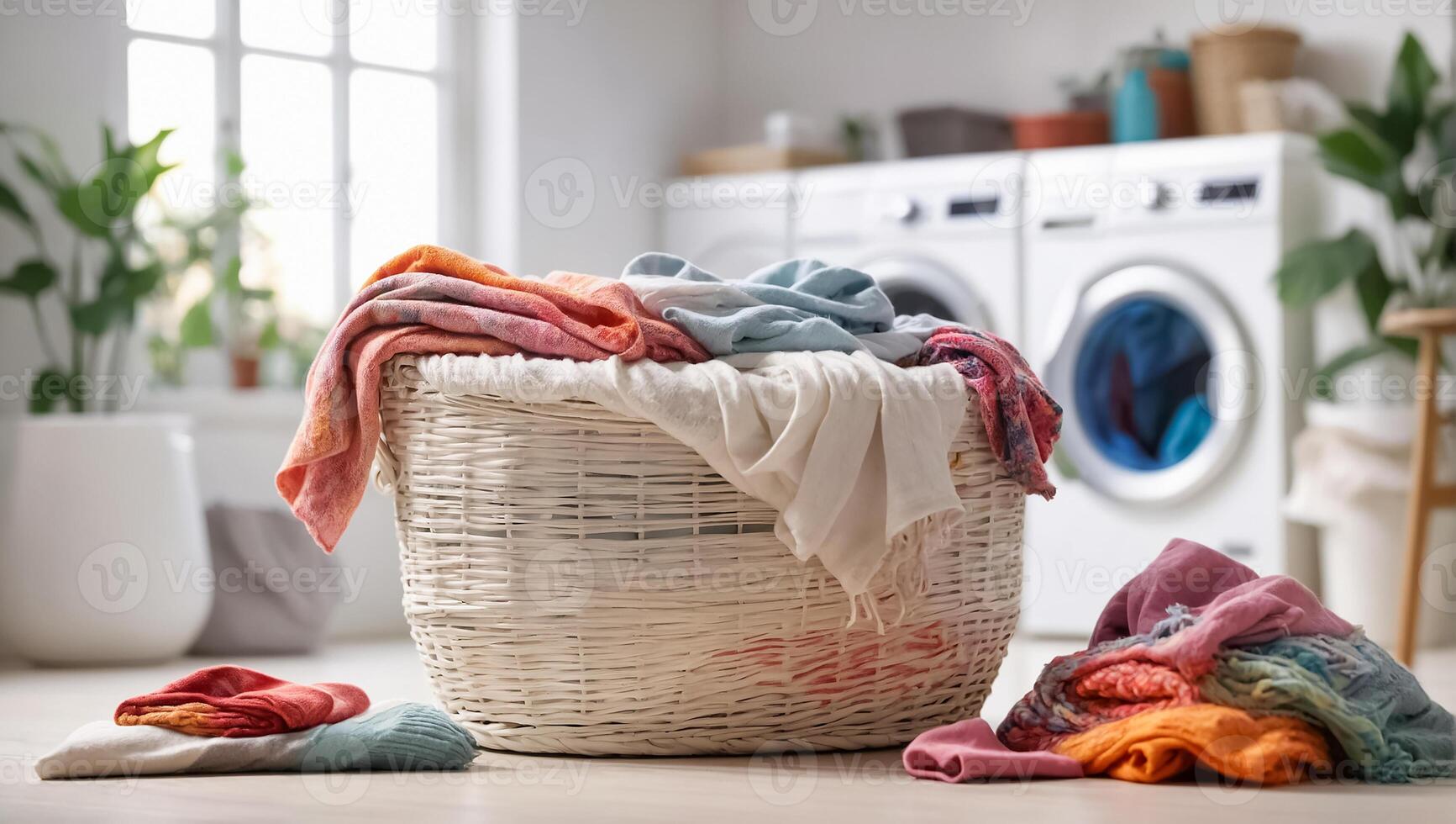 AI generated Basket with colored laundry for washing in laundry room photo