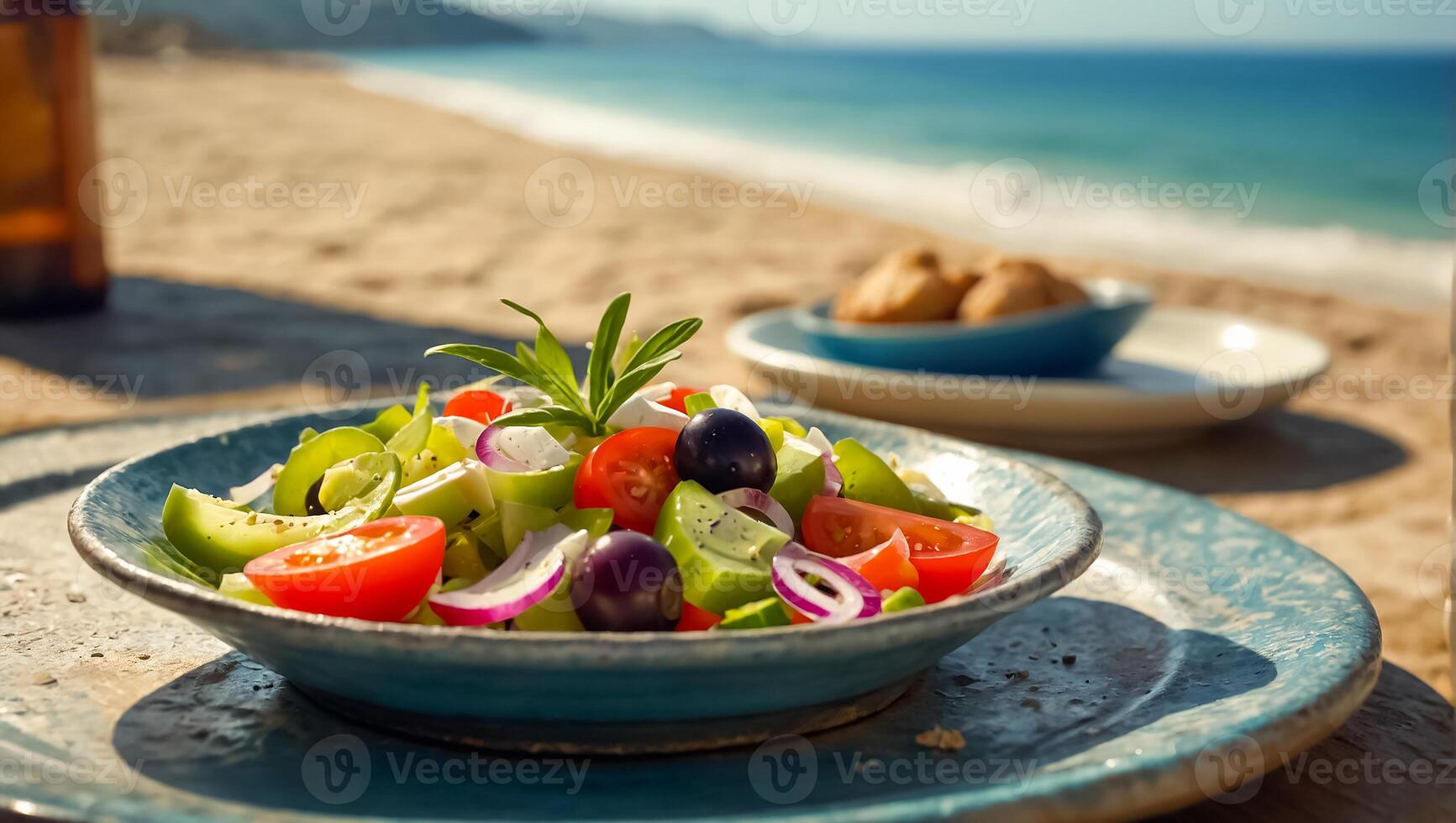 AI generated Delicious Greek salad in a plate outdoors in Greece photo