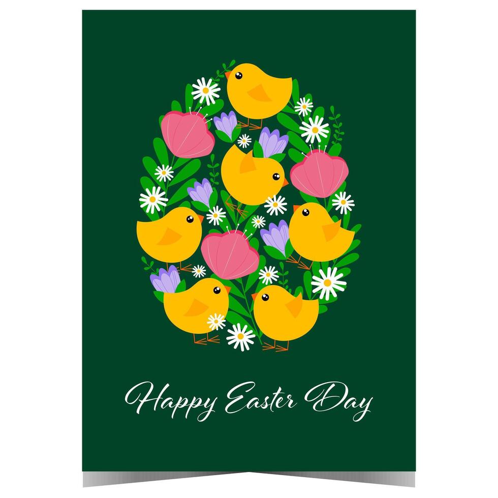 Happy Easter Day greeting card with springtime elements such as birds, flowers and greenery shaped like an egg. Vector banner, poster or ready to print postcard for christian holiday congratulation.