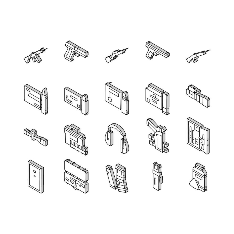 Shooting Weapon And Accessories isometric icons set vector