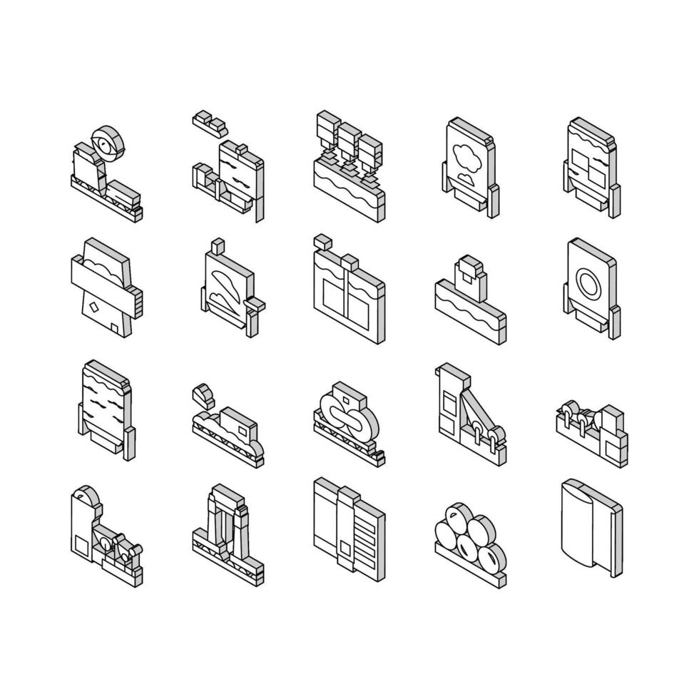 Paper Production Plant Collection isometric icons set vector