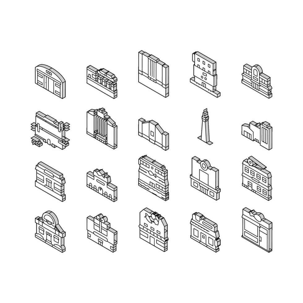 Building Restaurant And Store isometric icons set vector