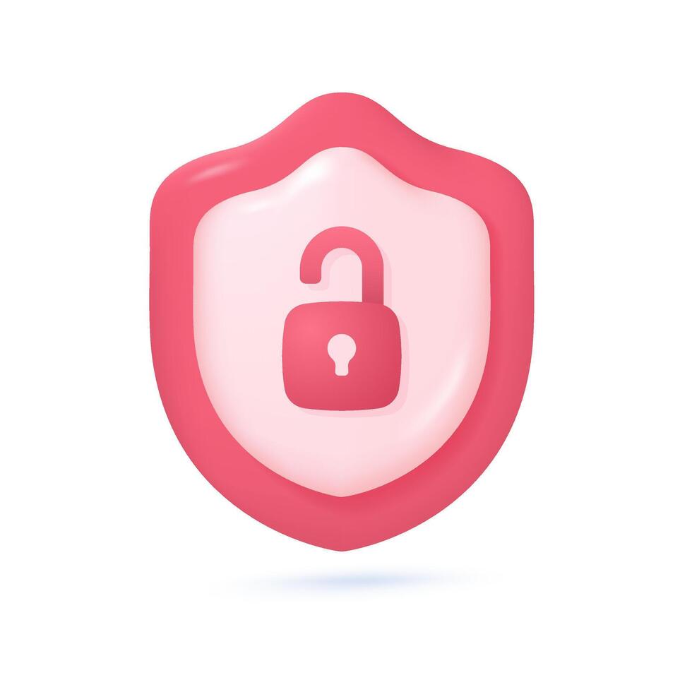 3D protective shield. Shield with padlock. Concepts for preventing data theft while using the internet. 3D vector Illustration.