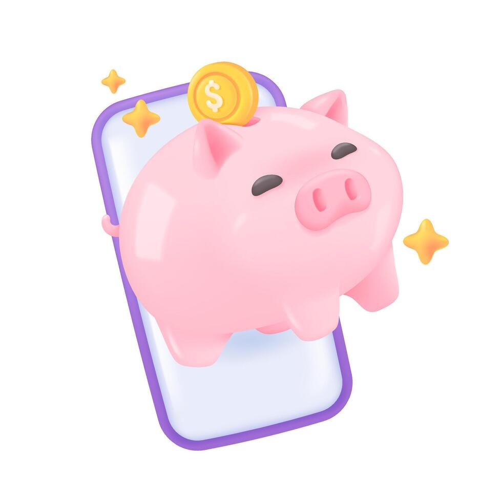 3D piggy bank. Online savings. safe investment ideas for future asset growth. 3D vector Illustration.