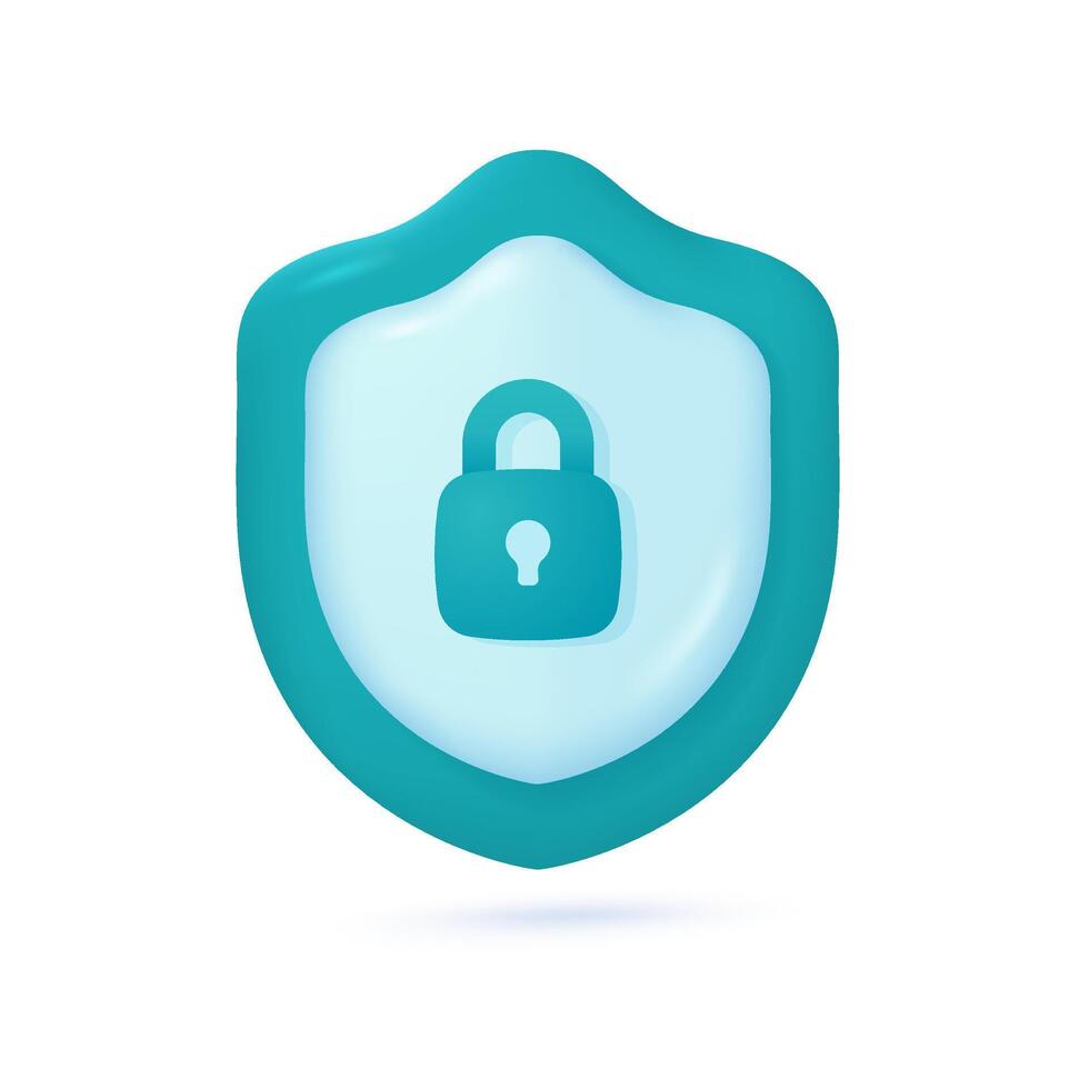 3D protective shield. Shield with padlock. Concepts for preventing data theft while using the internet. 3D vector Illustration.