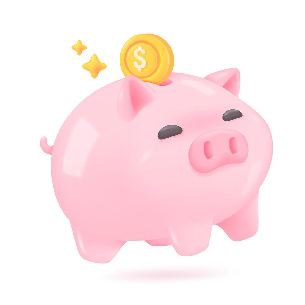 3D piggy bank. Gold coins dropped into the piggy bank. Ideas for saving money safely for future growth vector