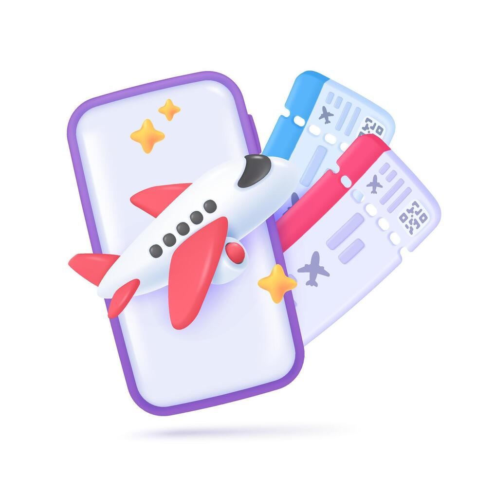 3D online airplane tickets Airline ticket booking ideas for travel from airlines to vacation destinations. 3D vector Illustration.
