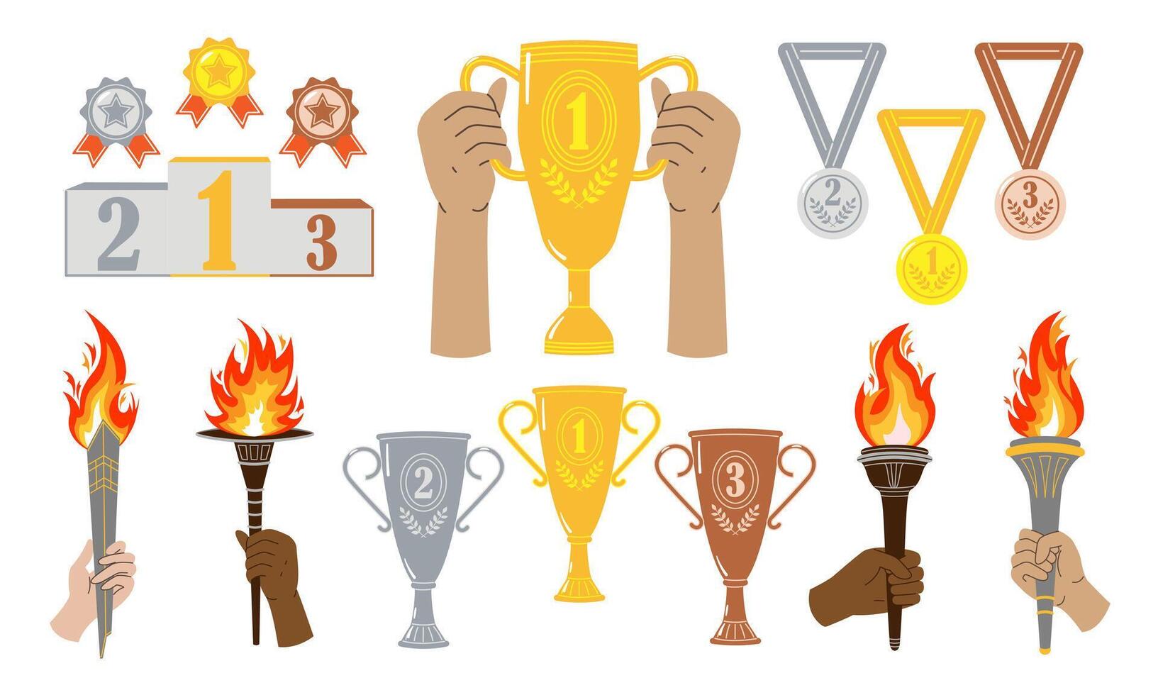 Set of sporting elements. Cup trophy, medals, torches. vector