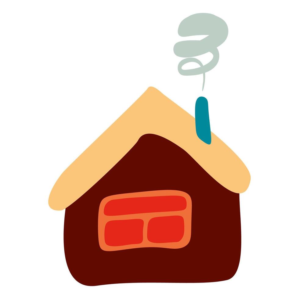 Small Colorful crooked house in Flat style with Smoke from Chimney, Roof and Window. Cartoon Children drawing Vector illustration Isolated white background. Design art Home for Sticker, Card, Poster.