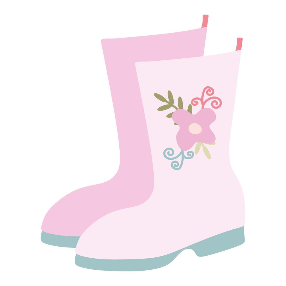 Pink Rubber boots with Flower Application isolated on white. Vector Flat Gumboots illustration. Spring seasonal Footwear for Rainy day, Protection Clothing. Design art for Card, Poster, Logo, Decor.