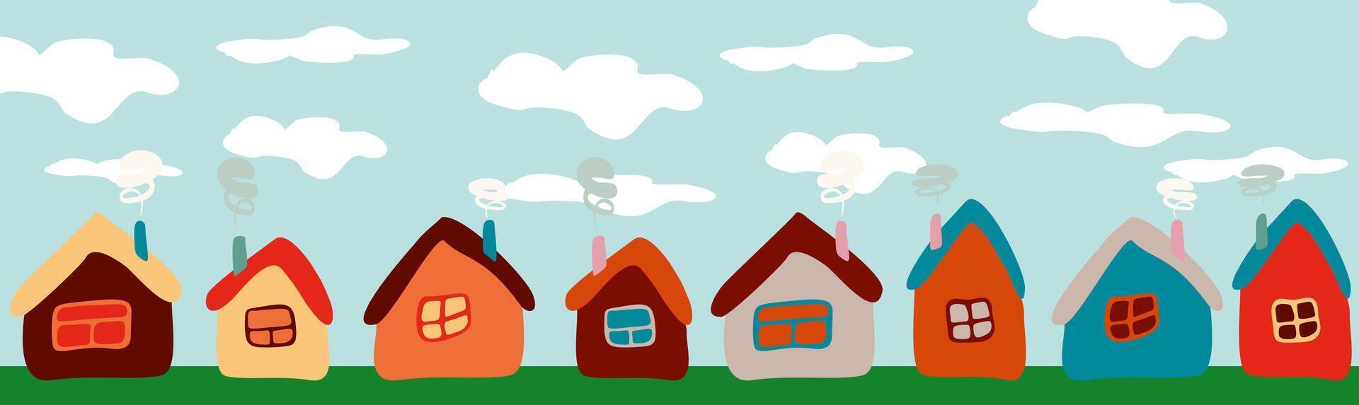 dibujos animados infantil casas en el antecedentes de azul cielo con nubes diferente color plano edificios con ventanas y Chimenea en pueblo paisaje. horizontal gráfico Arte para bandera, tarjeta, póster vector