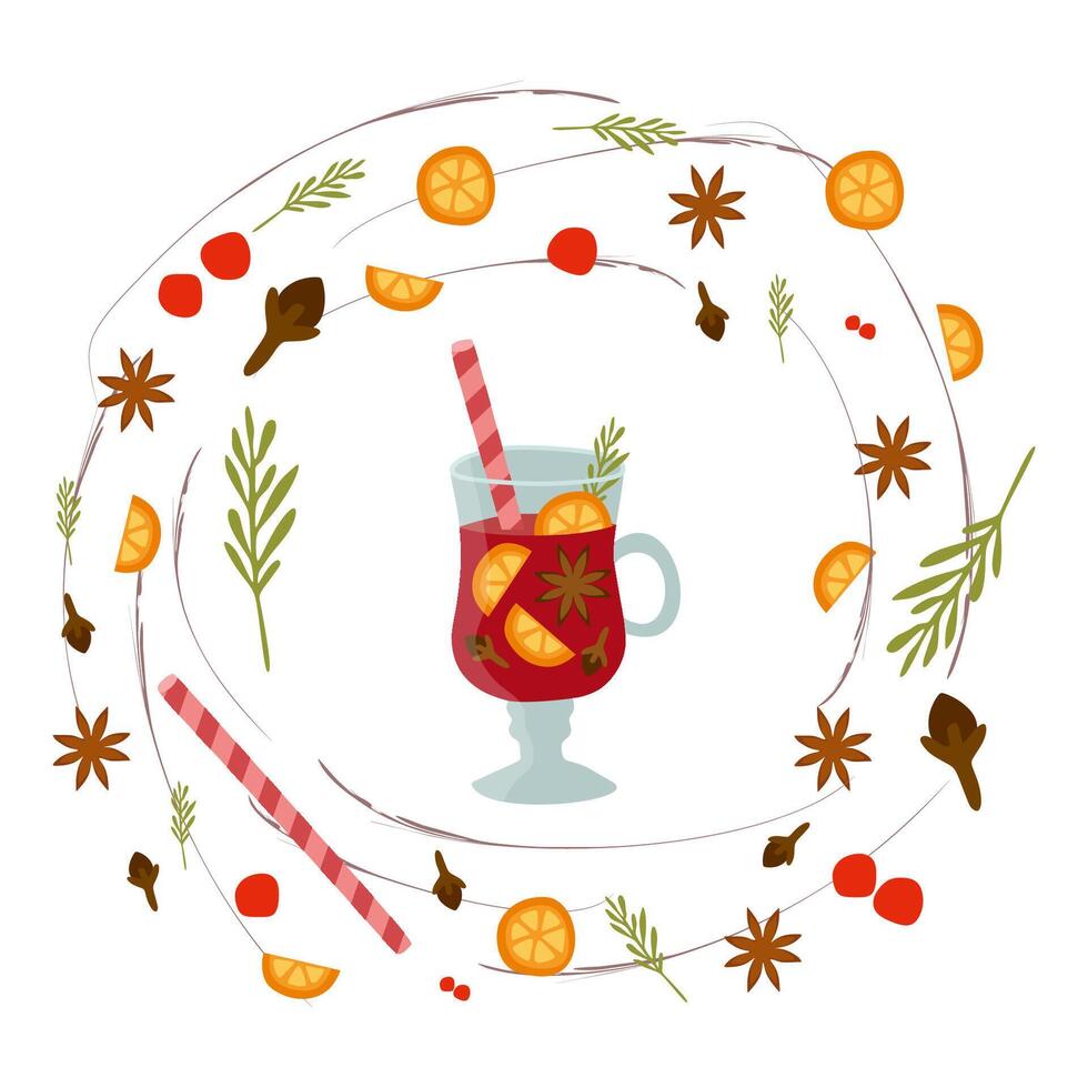 Mulled wine set with glass of drink and hand drawn Ingredients. Vector Flat style illustration, isolated on white. Winter and Autumn Hot Seasonal Alcohol drink, Juicy and red with Clove, Orange, Anis.