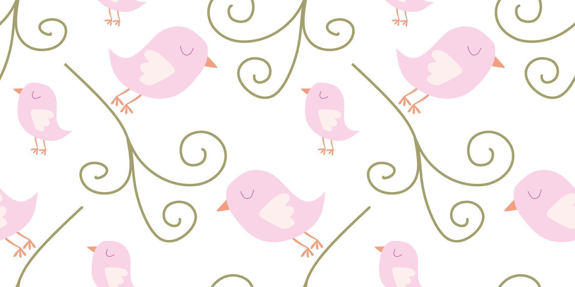 Cute Seamless Pattern with Cartoon birds and Flourish. Spring Vector Flat background in Pastel colors. Template for Wallpapers, Pattern fills, Web page Banner, Surface Textures, Fabric