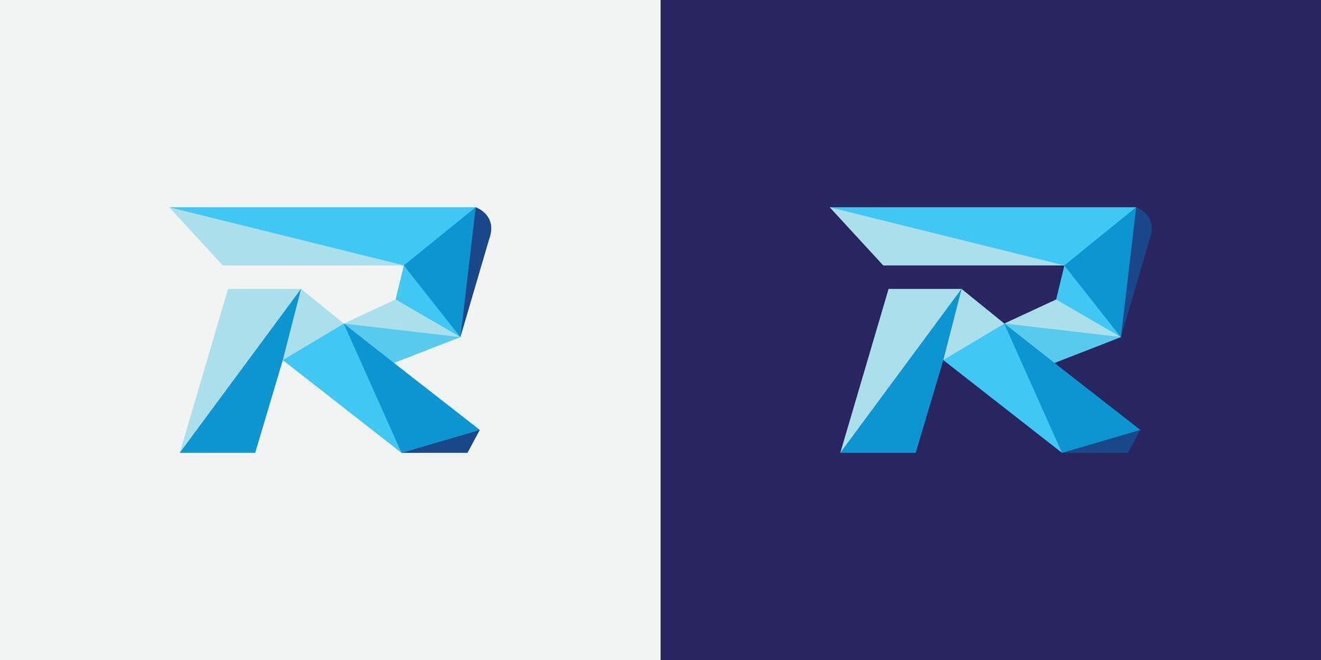 Geometric R letter logo design with blue color shades. Polygonal R logo vector