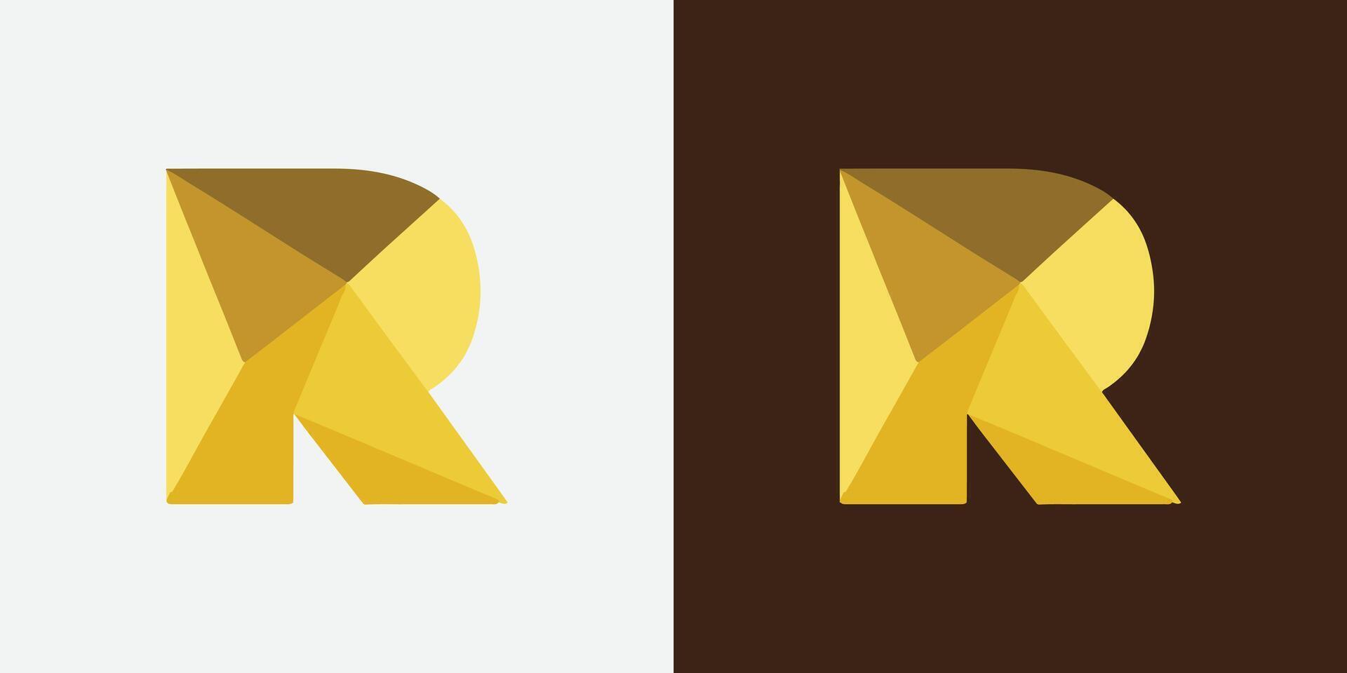 Polygonal R logo design with Golden color shades. Geometric R logo vector