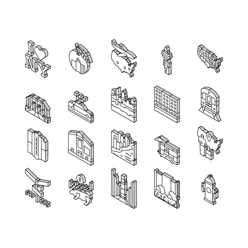 New York American City Landmarks isometric icons set vector