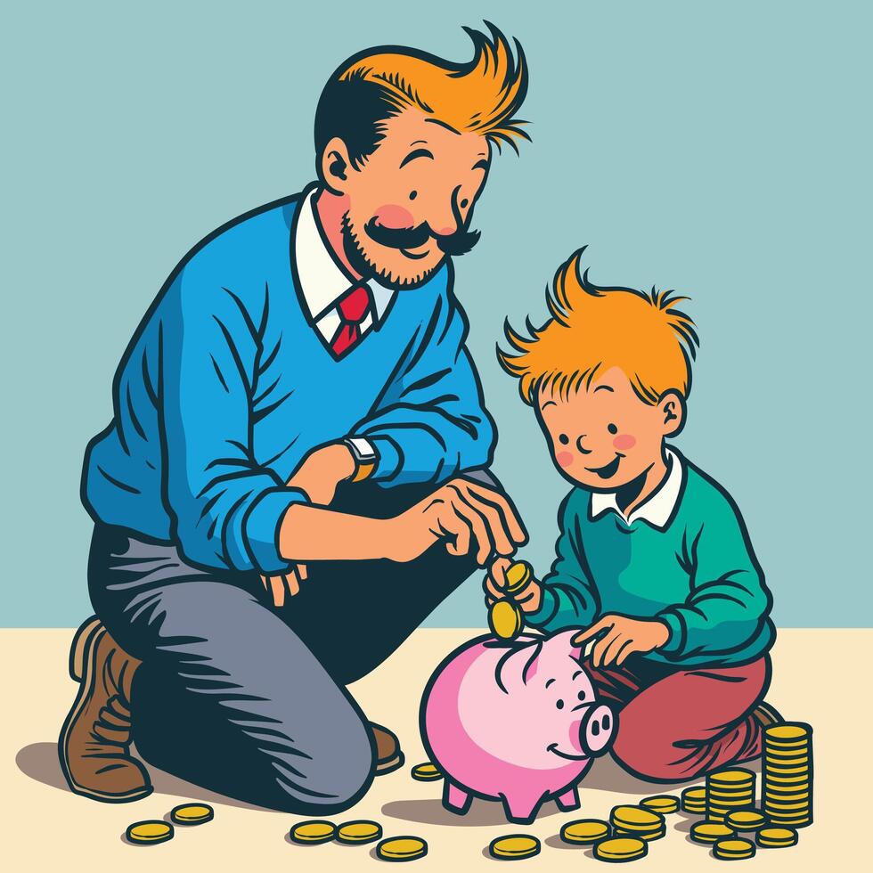 Father, Son and Piggy Bank vector