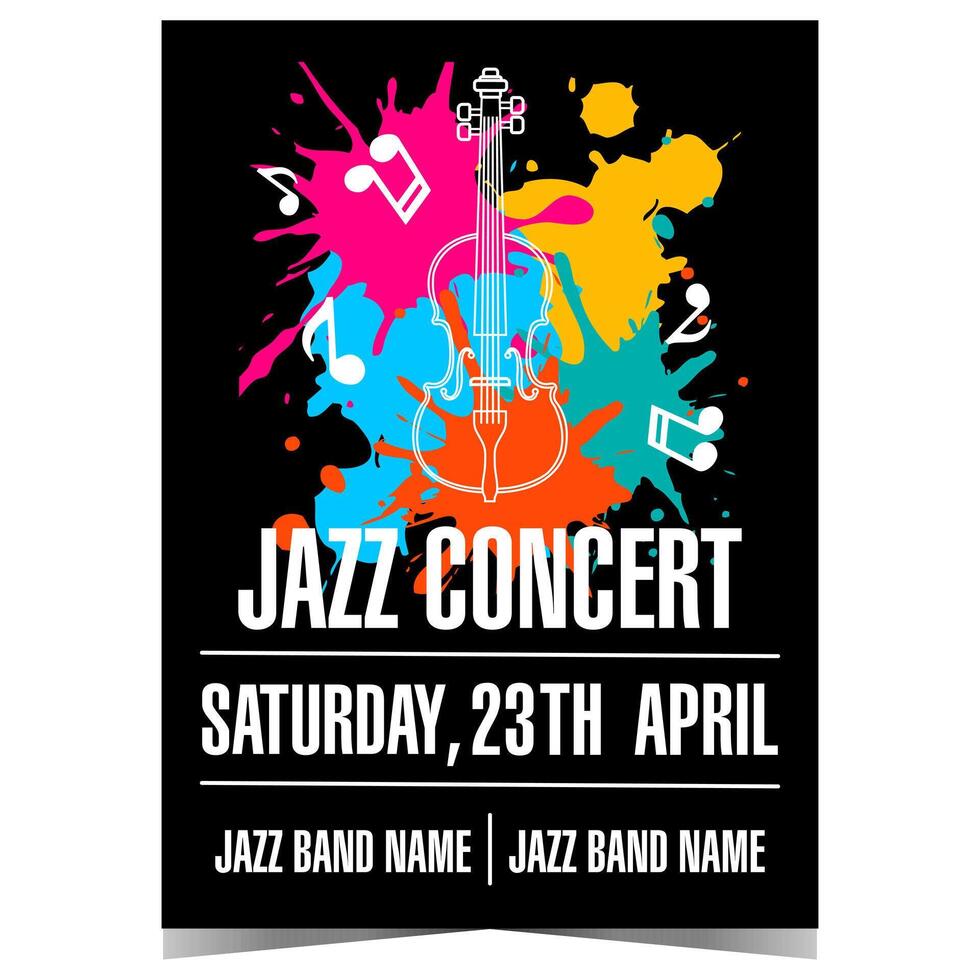 Jazz concert or festival invitation template with elegant violoncello and musical notes on colourful blots, dots and splashes background. Vector handout, cover, banner, poster, leaflet or flyer.