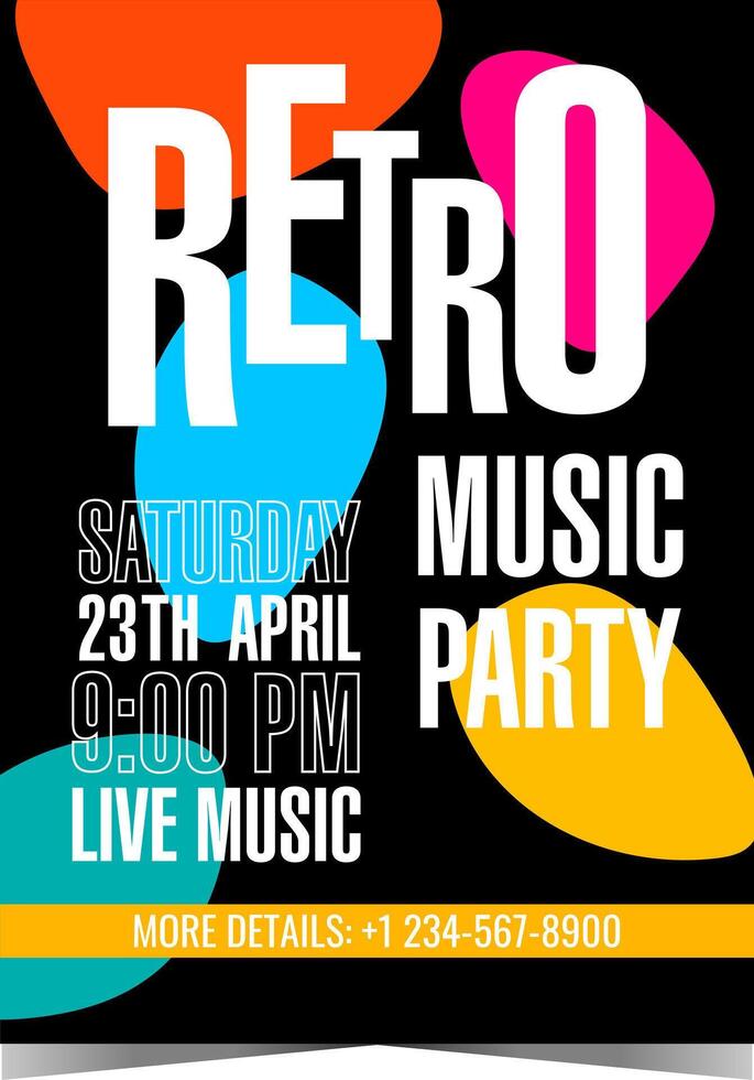 Retro music party invitation template with colourful arbitrary shapes on a black background. Vector poster or banner for an old music party, live entertainment show in a night disco dance club.