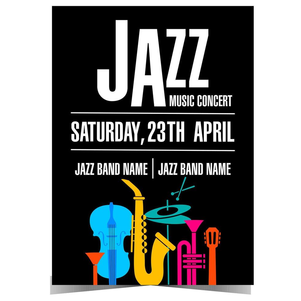 Jazz music concert banner template with colourful musical instruments on black background saxophone, violoncello, guitar, trumpet and hi-hat. Leaflet or flyer for music festival or cultural show. vector