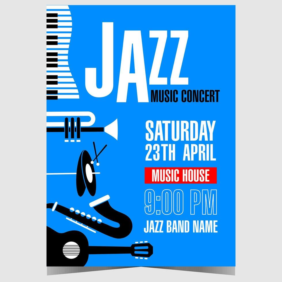 Jazz music concert invitation template with saxophone and other musical instruments on a blue background with white lettering. Vector poster, flyer or banner for festival, cultural or social event.