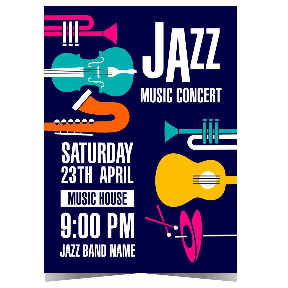 Jazz music concert template with colourful musical instruments on black background, such as saxophone, trumpet, guitar, cello and hi-hat. Suitable for poster, invitation, flyer or banner design. vector