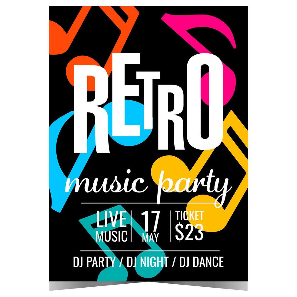 Retro music party banner or poster with colourful musical notes on a black background. Vector design template suitable for vintage music festival, live open-air DJ set or disco dance show.