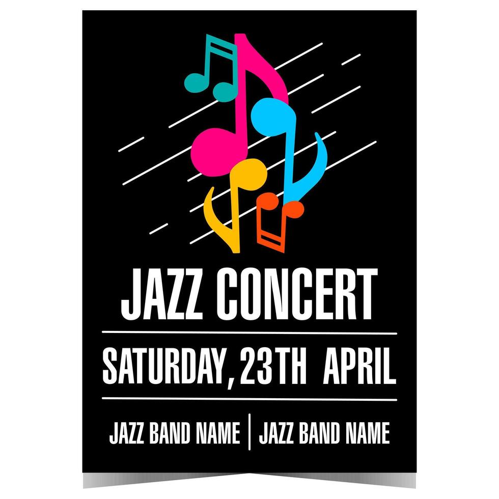 Jazz music concert poster template with colourful musical notes on black background. Vector design of banner, leaflet or flyer suitable for Jazz Festival, live entertainment event or cultural show.