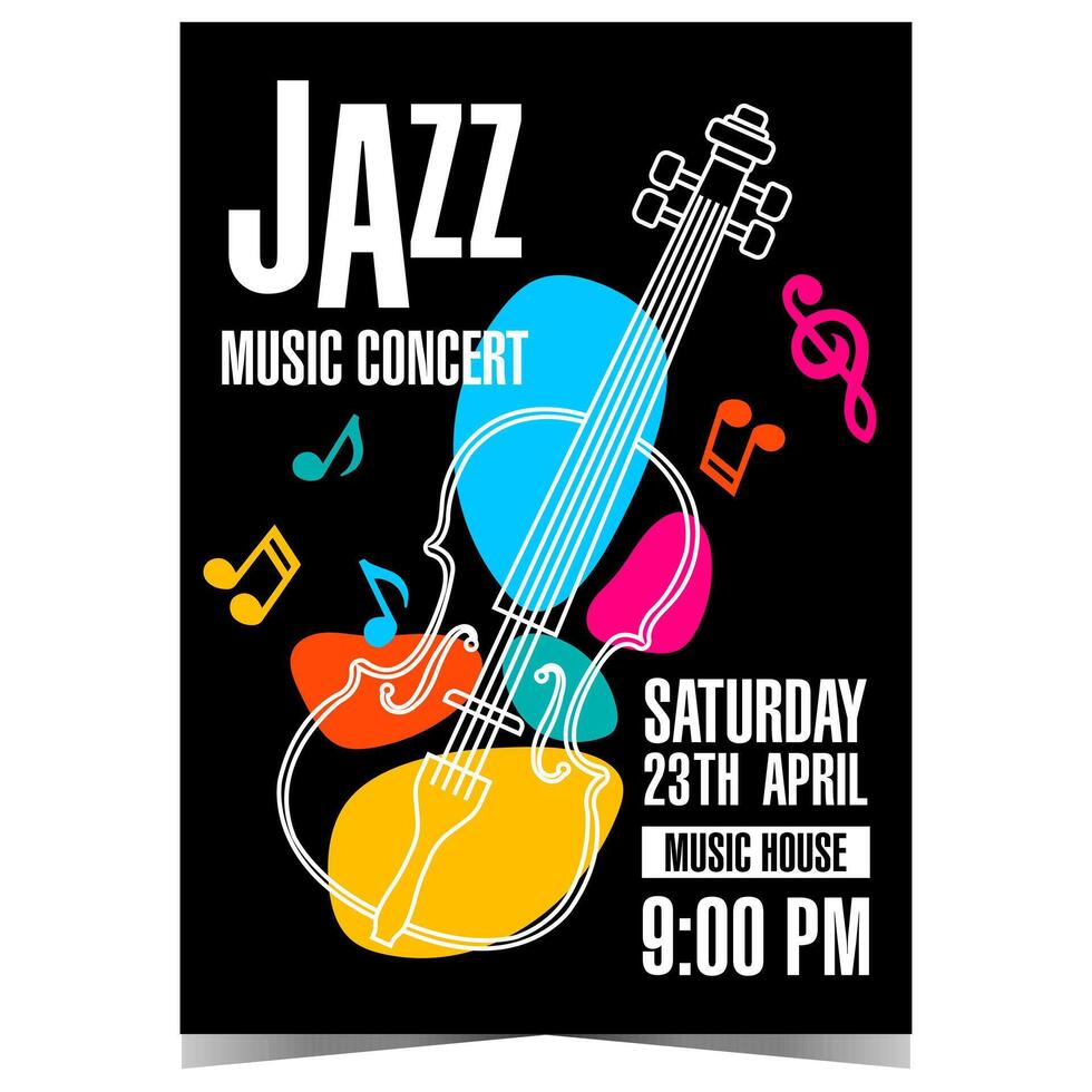 Jazz music concert leaflet or flyer with a violoncello and colourful musical notes. Vector template of invitation poster or banner for instrumental session at the Philharmonic or open air festival.