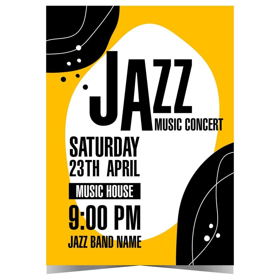 jazz música concierto modelo para póster, bandera o invitación volantes con arbitrario formas y líneas en negro, amarillo y blanco colores. vector diseño para música festival, En Vivo actuación o espectáculo.