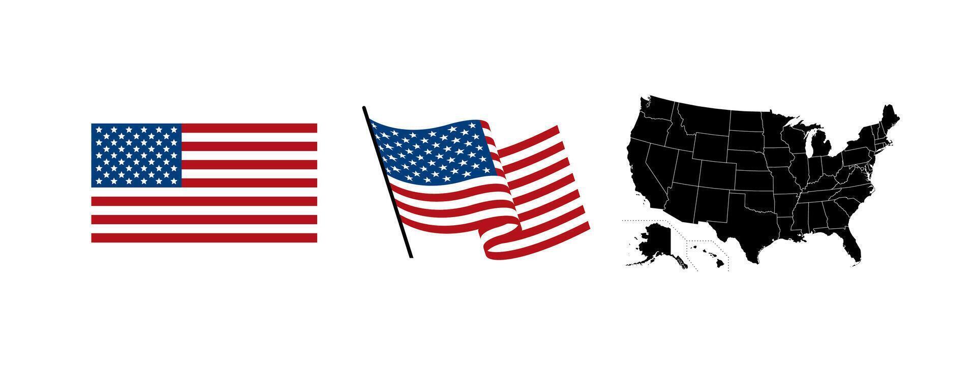 USA map and flags. Vector icons