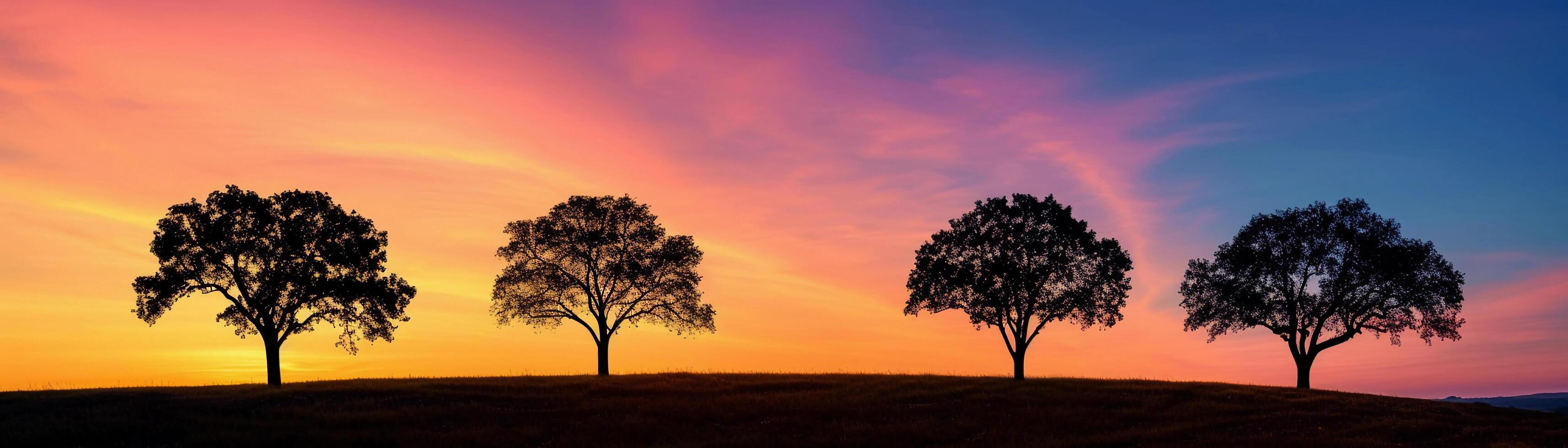 AI generated Silhouette of a lone tree or a group of trees against the vibrant hues of a sunset sky, background image, generative AI photo