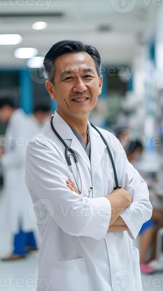 AI generated A middle-aged asian male doctor smiles against the background of a busy hospital atmosphere, generative AI photo